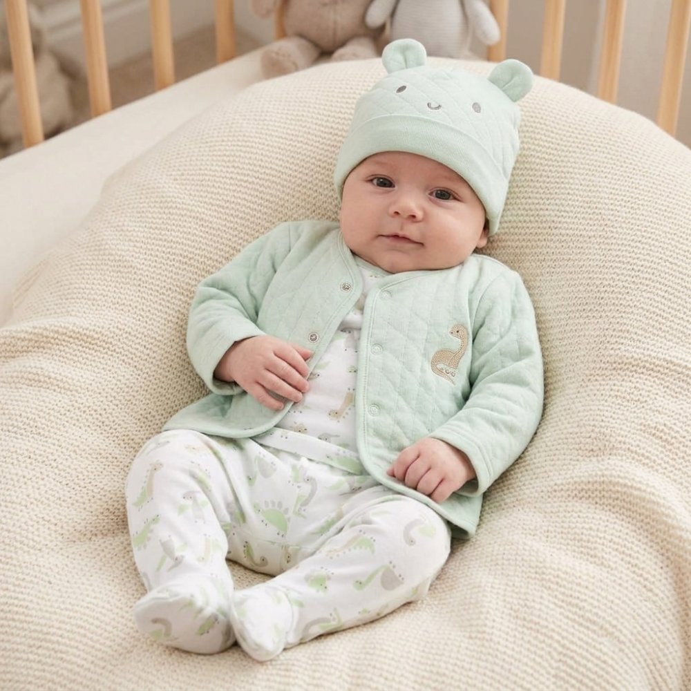 N14732: Baby Mint Dinosaur 4 Piece Quilted Jacket & Hat Outfit (0-9 Months) N14732: Baby Mint Dinosaur 4 Piece Quilted Jacket & Hat Outfit (0-9 Months)